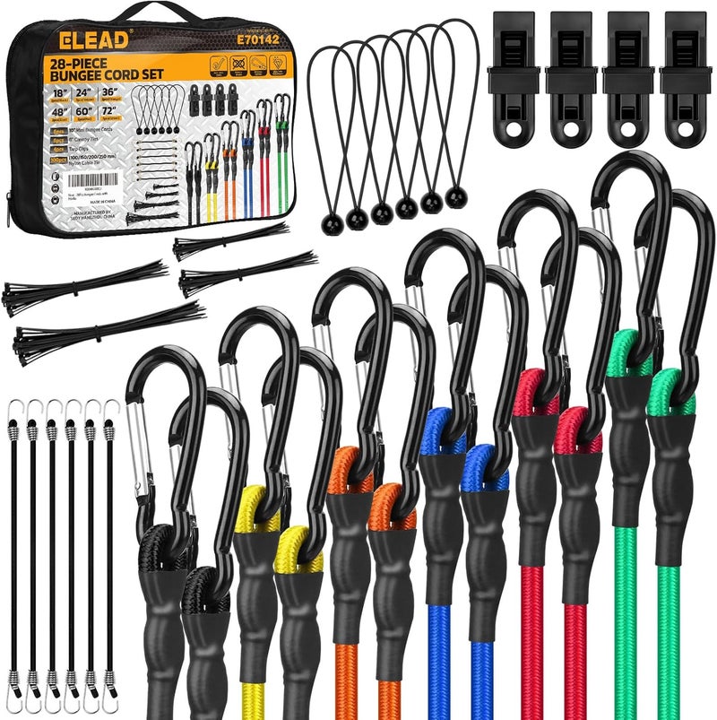 ELEAD Carabiner Bungee Cords with Hooks, 28-Piece Heavy Duty Outdoor Assortment Includes 10", 18", 24", 36", 48", 60", 72" Bungee Cords, Canopy Tarp Ball Ties, Nylon Cable Ties and Tarp Clips - Image 1